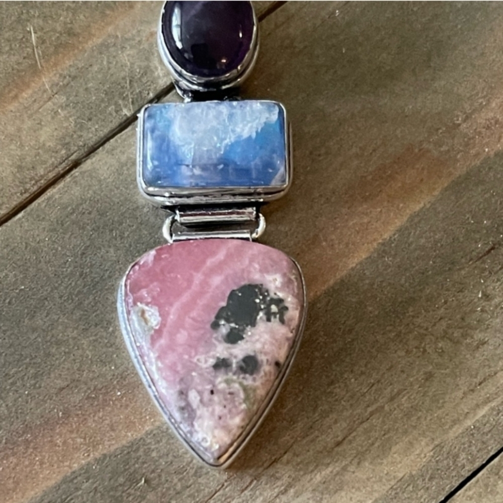 Rhodonite, Rainbow Moonstone, Amethyst Gemstone Long 2.5” Boho Silver Pendant - Picture 4 of 11